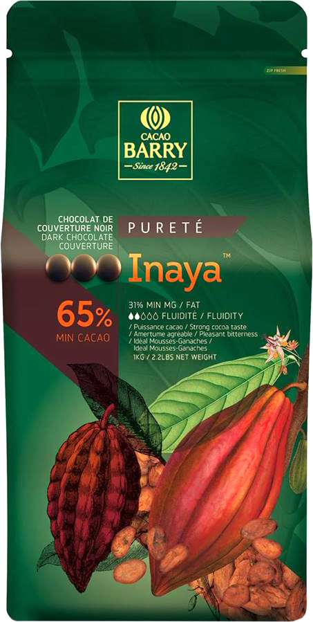 Inaya 65% Q-fermentation Chocolat de couverture noir 1kg Cacao Barry
